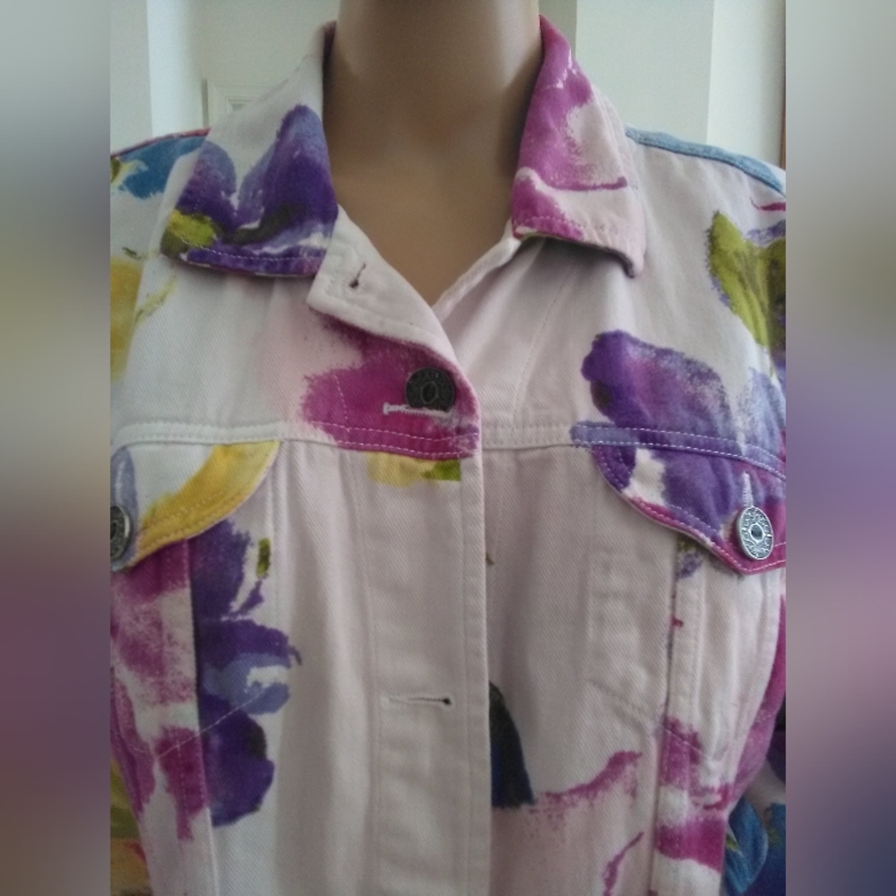 VINTAGE CHICOS ADORABLE INK BLOT FLORAL Multicolor Women's Denim Jacket SZ.3 - Picture 4 of 7